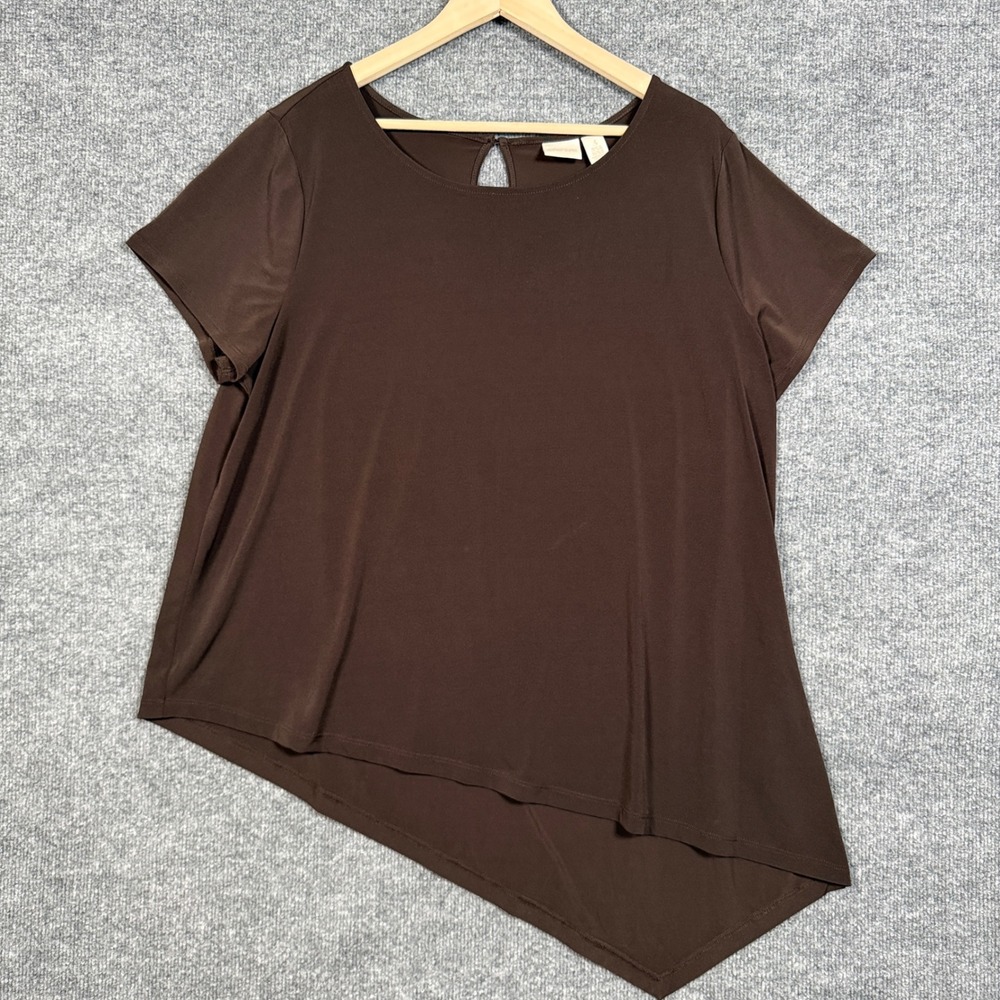 Chico's Size 3 US XL Top Blouse Brown Asymmetrical Hem Short Sleeves Stretch